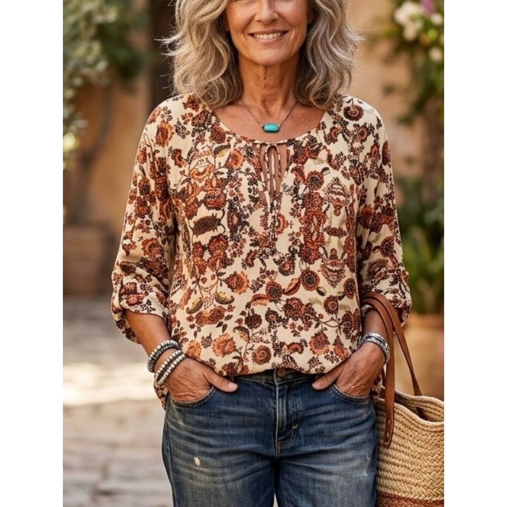 89th and Madison orange tan floral boho fall pop over top size medium NWT